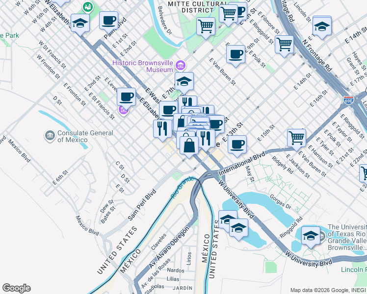 map of restaurants, bars, coffee shops, grocery stores, and more near 1101 East Elizabeth Street in Brownsville