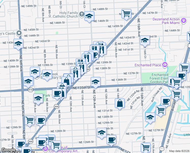 map of restaurants, bars, coffee shops, grocery stores, and more near in North Miami