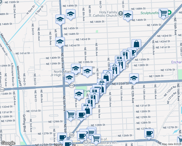 map of restaurants, bars, coffee shops, grocery stores, and more near 820 Northeast 138th Street in North Miami