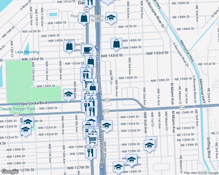 map of restaurants, bars, coffee shops, grocery stores, and more near 13895 Northwest 5th Court in North Miami
