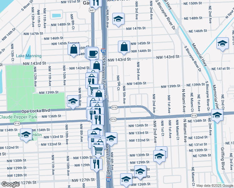 map of restaurants, bars, coffee shops, grocery stores, and more near 13895 Northwest 5th Court in North Miami