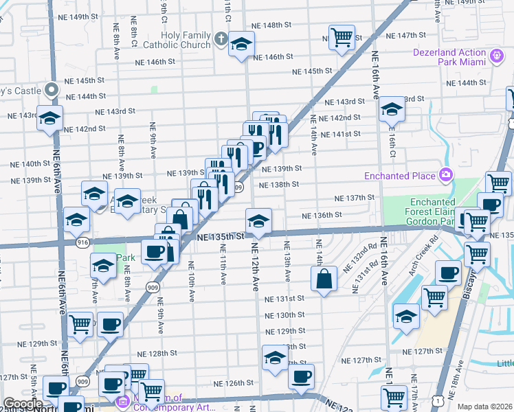 map of restaurants, bars, coffee shops, grocery stores, and more near in North Miami