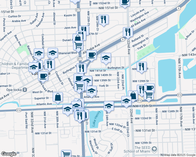 map of restaurants, bars, coffee shops, grocery stores, and more near 2480 Northwest 140th Street in Opa-locka