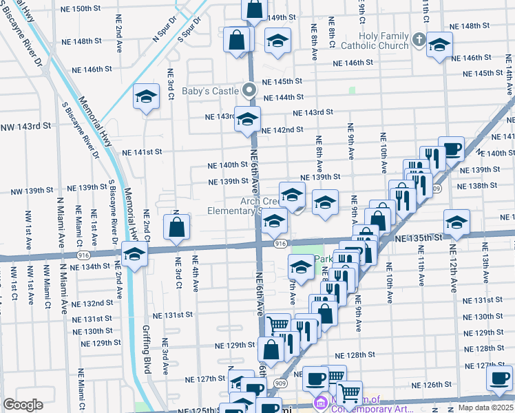 map of restaurants, bars, coffee shops, grocery stores, and more near 13725 Northeast 6th Avenue in North Miami