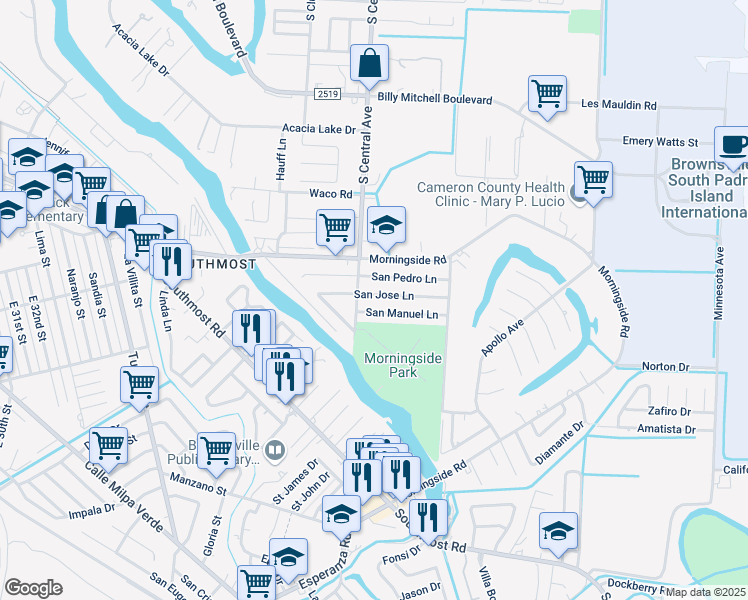 map of restaurants, bars, coffee shops, grocery stores, and more near 725 San Jose Lane in Brownsville
