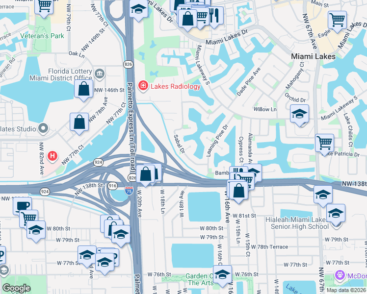 map of restaurants, bars, coffee shops, grocery stores, and more near 7411 Sabal Drive in Miami Lakes