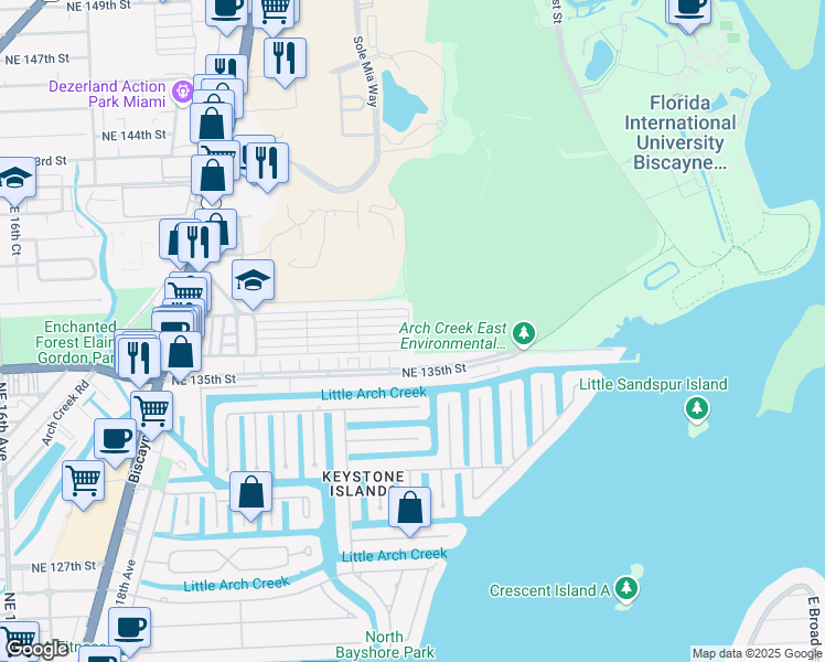 map of restaurants, bars, coffee shops, grocery stores, and more near 2499 Northeast 136th Terrace in North Miami Beach