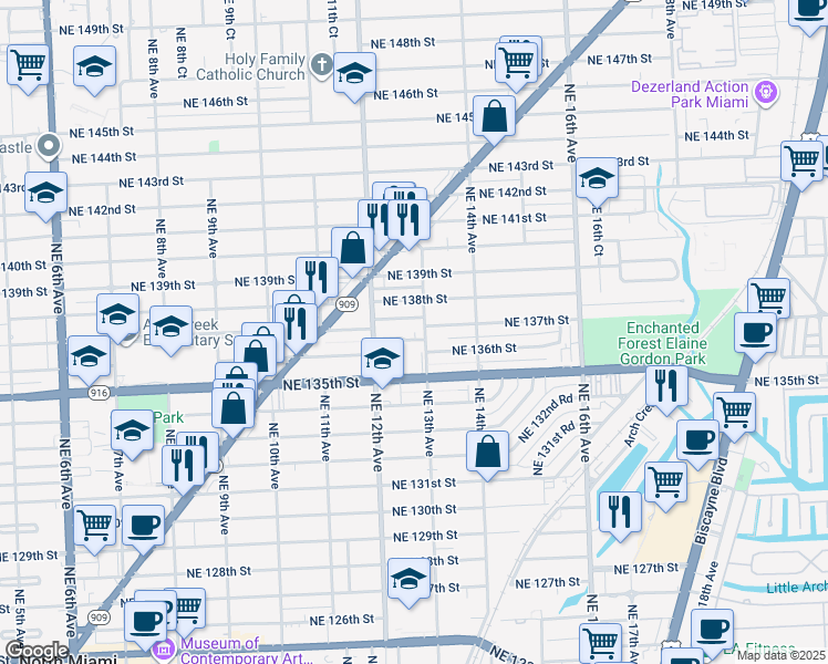 map of restaurants, bars, coffee shops, grocery stores, and more near 1280 Northeast 137th Terrace in North Miami