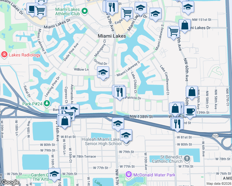 map of restaurants, bars, coffee shops, grocery stores, and more near 6700 White Oak Drive in Miami Lakes