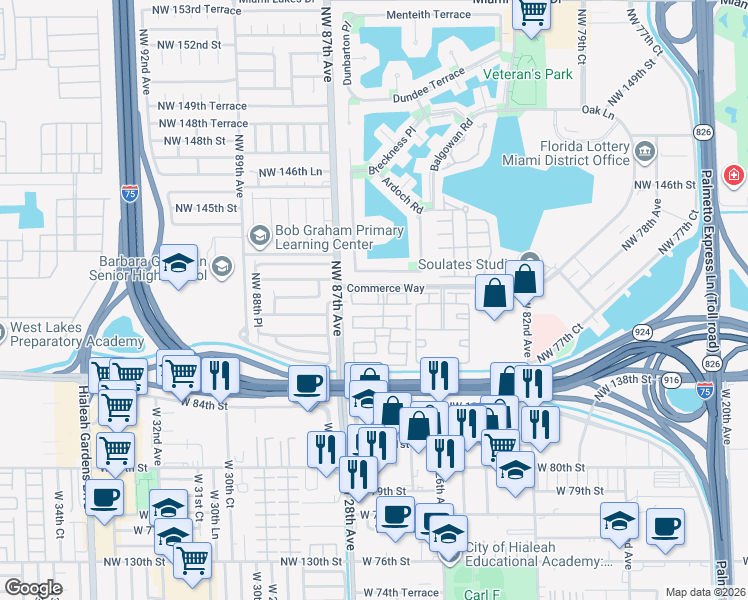 map of restaurants, bars, coffee shops, grocery stores, and more near 8500 Commerce Way in Miami Lakes