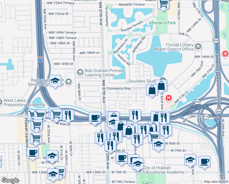map of restaurants, bars, coffee shops, grocery stores, and more near 8500 Commerce Way in Miami Lakes