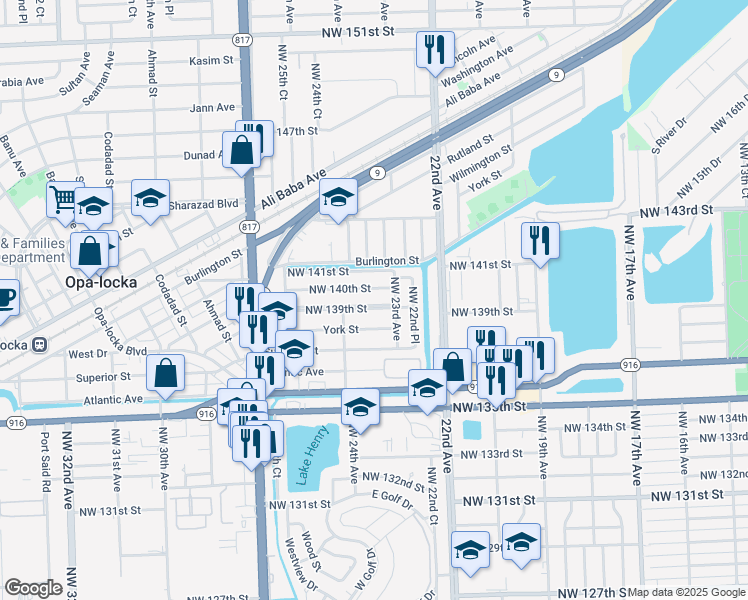 map of restaurants, bars, coffee shops, grocery stores, and more near 2310 Northwest 140th Street in Opa-locka