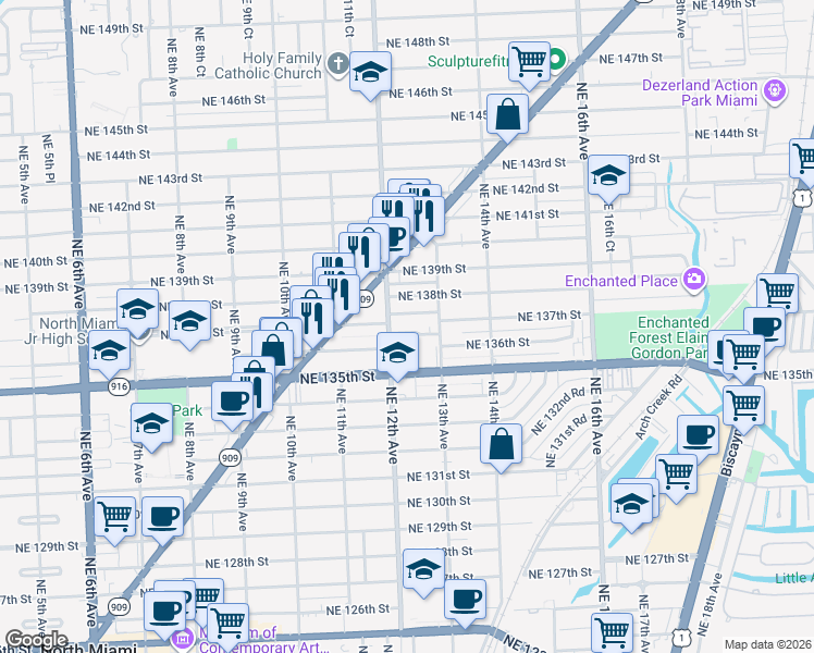 map of restaurants, bars, coffee shops, grocery stores, and more near 1280 Northeast 137th Terrace in North Miami