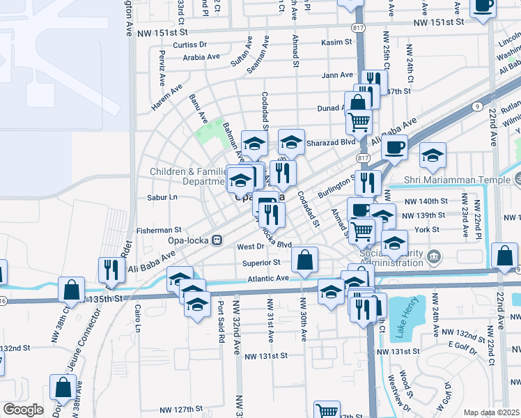 map of restaurants, bars, coffee shops, grocery stores, and more near in Opa-locka