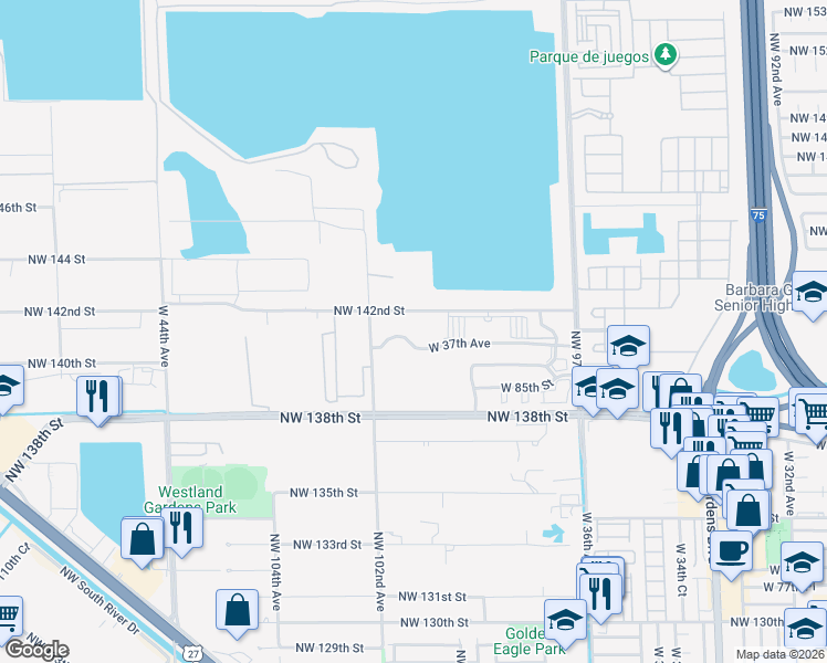map of restaurants, bars, coffee shops, grocery stores, and more near 10300 Northwest 142nd Street in Hialeah