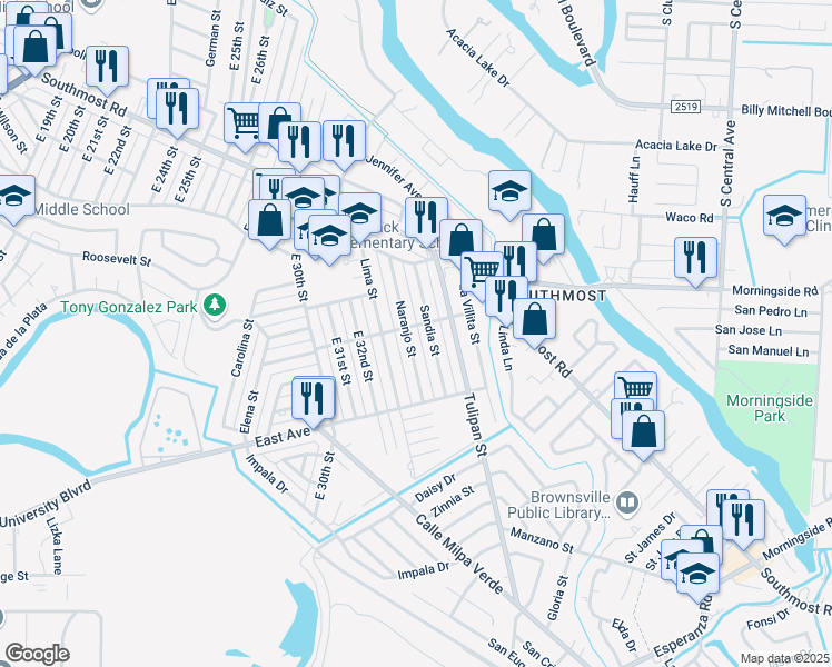 map of restaurants, bars, coffee shops, grocery stores, and more near 2905 Sandia Street in Brownsville