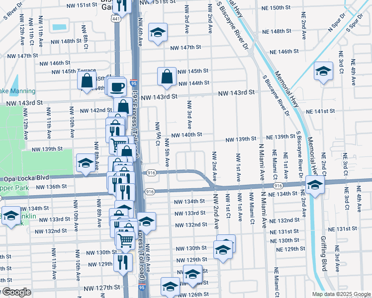 map of restaurants, bars, coffee shops, grocery stores, and more near 360 Northwest 139th Street in North Miami