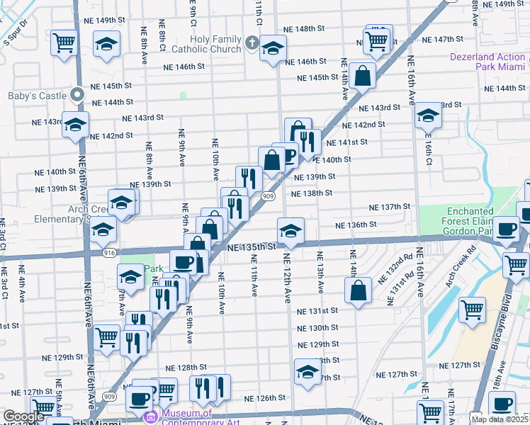 map of restaurants, bars, coffee shops, grocery stores, and more near in North Miami