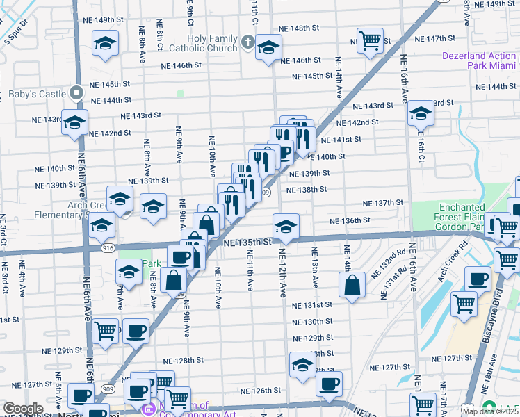 map of restaurants, bars, coffee shops, grocery stores, and more near in North Miami