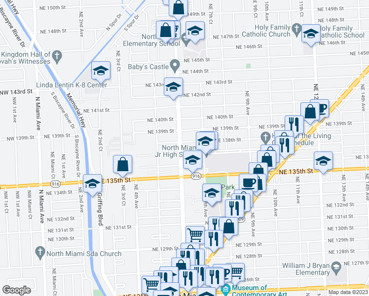 map of restaurants, bars, coffee shops, grocery stores, and more near 13725 Northeast 6th Avenue in North Miami
