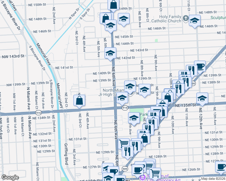 map of restaurants, bars, coffee shops, grocery stores, and more near 13725 Northeast 6th Avenue in North Miami
