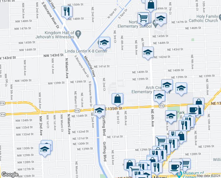 map of restaurants, bars, coffee shops, grocery stores, and more near 13770 Northeast 3rd Court in North Miami