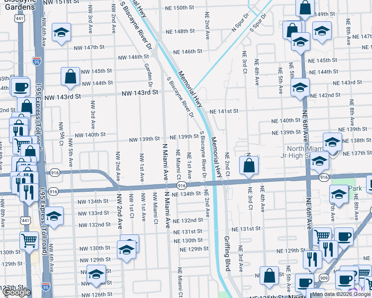 map of restaurants, bars, coffee shops, grocery stores, and more near 13820 Northeast 1st Avenue in Miami