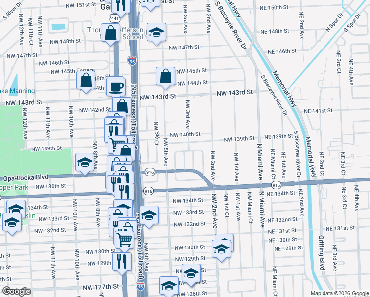 map of restaurants, bars, coffee shops, grocery stores, and more near 360 Northwest 139th Street in North Miami