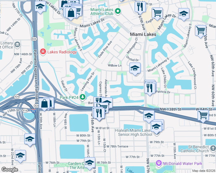 map of restaurants, bars, coffee shops, grocery stores, and more near 14110 Alamanda Avenue in Miami Lakes