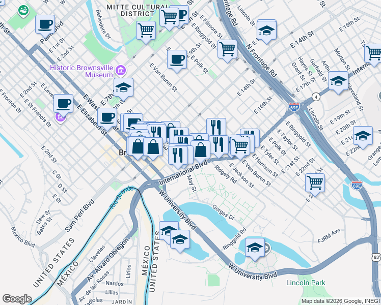 map of restaurants, bars, coffee shops, grocery stores, and more near 947 East 15th Street in Brownsville