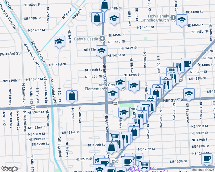 map of restaurants, bars, coffee shops, grocery stores, and more near 13725 Northeast 6th Avenue in North Miami