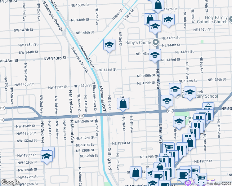 map of restaurants, bars, coffee shops, grocery stores, and more near 13780 Northeast 3rd Court in North Miami
