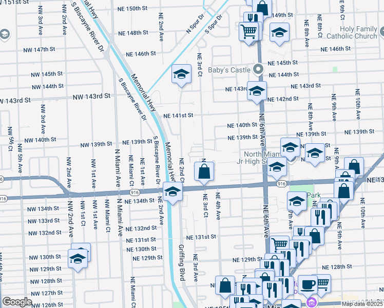 map of restaurants, bars, coffee shops, grocery stores, and more near 13770 Northeast 3rd Court in North Miami