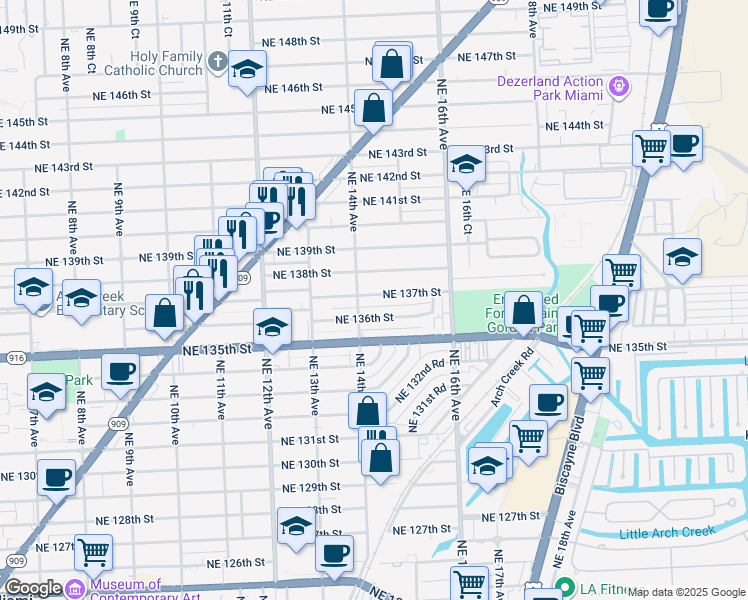 map of restaurants, bars, coffee shops, grocery stores, and more near 1415 Northeast 137th Street in North Miami
