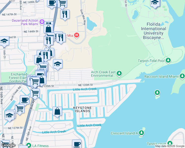 map of restaurants, bars, coffee shops, grocery stores, and more near 2499 Northeast 136th Terrace in North Miami Beach