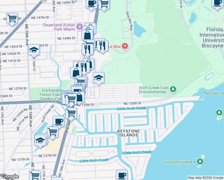 map of restaurants, bars, coffee shops, grocery stores, and more near 2270 Northeast 136th Lane in North Miami Beach