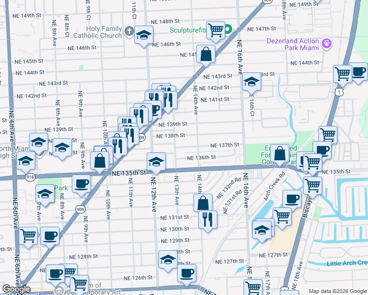 map of restaurants, bars, coffee shops, grocery stores, and more near 1335 Northeast 137th Street in North Miami
