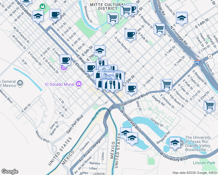 map of restaurants, bars, coffee shops, grocery stores, and more near in Brownsville