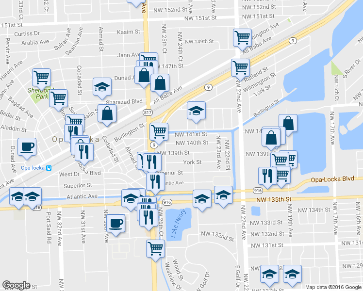 map of restaurants, bars, coffee shops, grocery stores, and more near 2480 Northwest 140th Street in Opa-locka