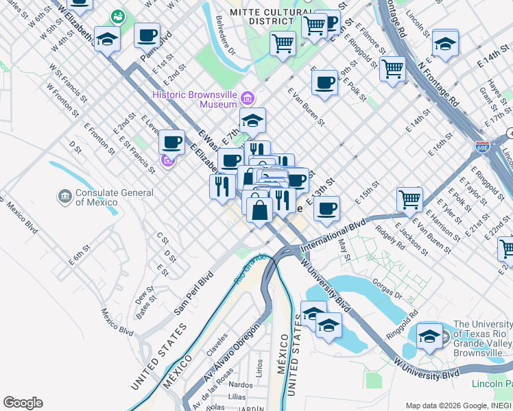 map of restaurants, bars, coffee shops, grocery stores, and more near 1101 East Elizabeth Street in Brownsville