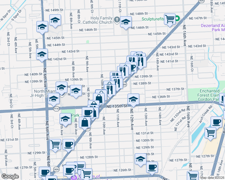 map of restaurants, bars, coffee shops, grocery stores, and more near 1041 Northeast 137th Street in North Miami