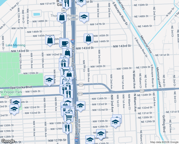 map of restaurants, bars, coffee shops, grocery stores, and more near 450 Northwest 139th Street in North Miami