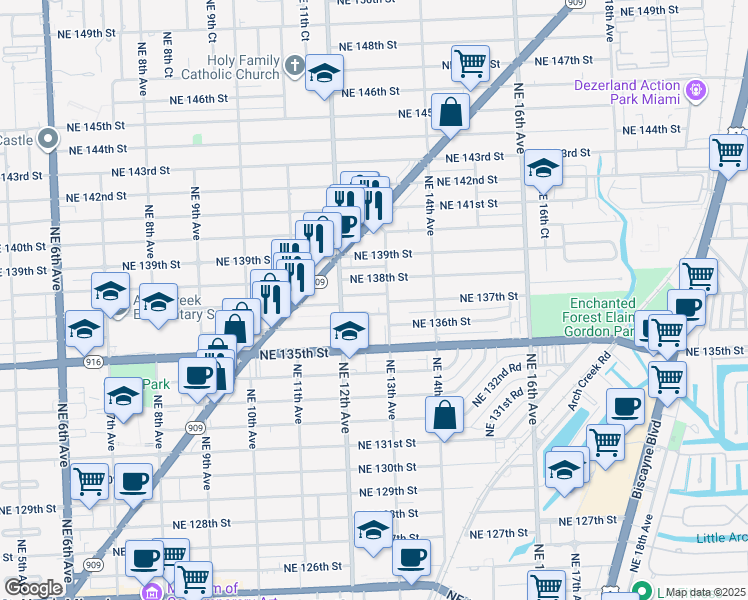 map of restaurants, bars, coffee shops, grocery stores, and more near 1280 Northeast 137th Terrace in North Miami