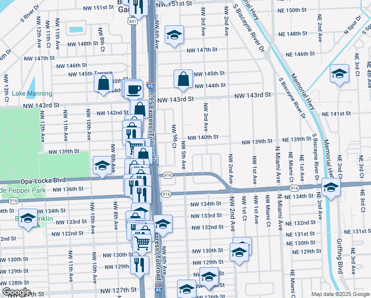 map of restaurants, bars, coffee shops, grocery stores, and more near 450 Northwest 139th Street in North Miami