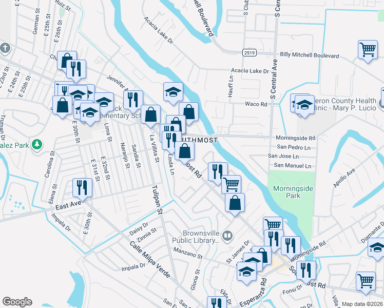 map of restaurants, bars, coffee shops, grocery stores, and more near 3401 Southmost Road in Brownsville