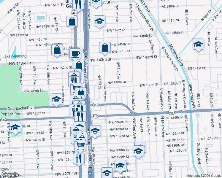 map of restaurants, bars, coffee shops, grocery stores, and more near 450 Northwest 139th Street in North Miami