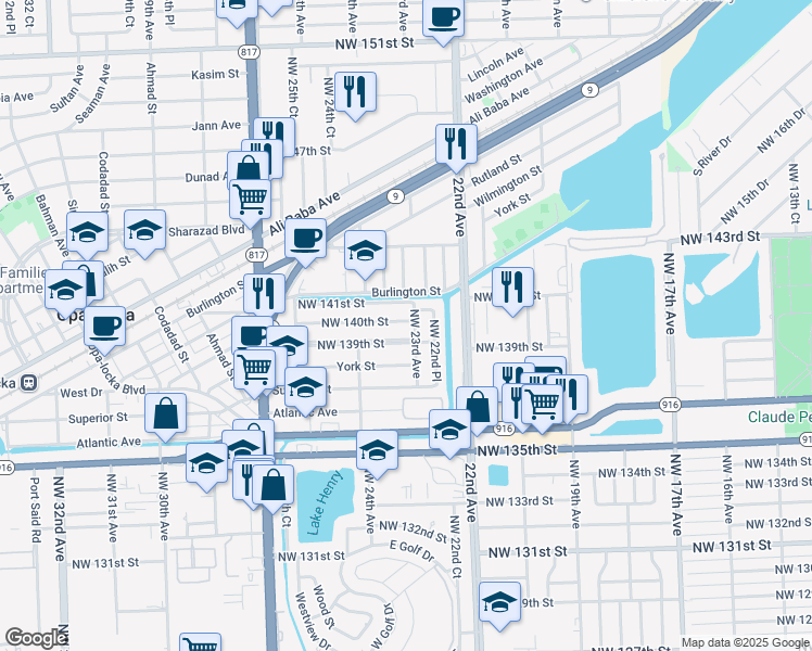 map of restaurants, bars, coffee shops, grocery stores, and more near 2310 Northwest 140th Street in Opa-locka