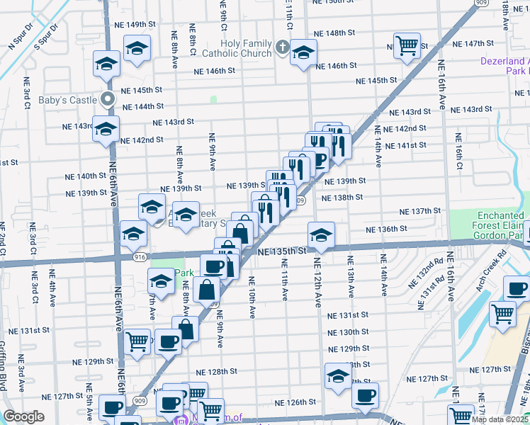 map of restaurants, bars, coffee shops, grocery stores, and more near 1041 Northeast 137th Street in North Miami