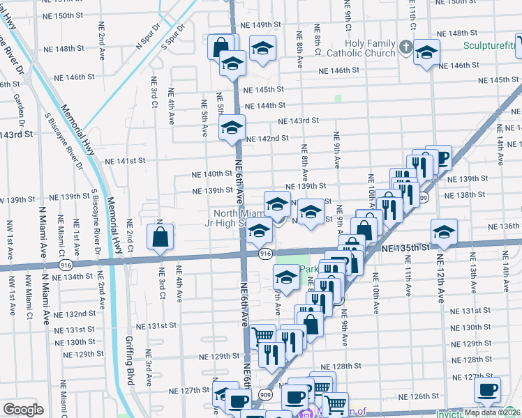 map of restaurants, bars, coffee shops, grocery stores, and more near 650 Northeast 138th Street in North Miami