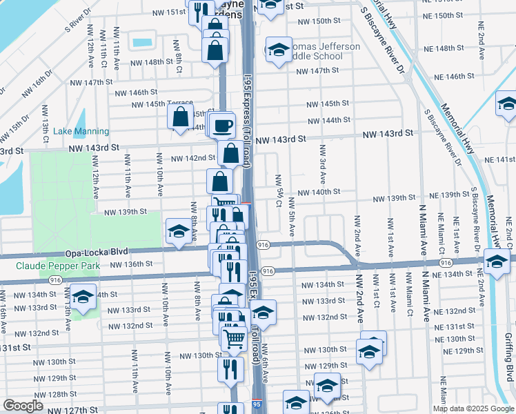 map of restaurants, bars, coffee shops, grocery stores, and more near 13905 Northwest 6th Avenue in North Miami